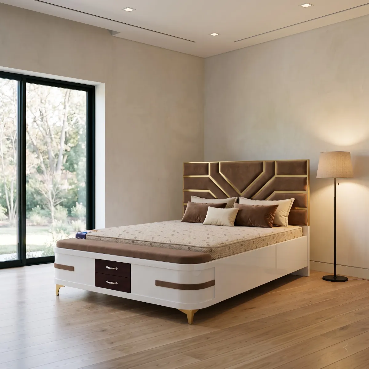 Modern Luxury King Size Bed with Cushioned Geometric Headboard, Front Bench & Dual Storage Drawers (White & Walnut Brown)