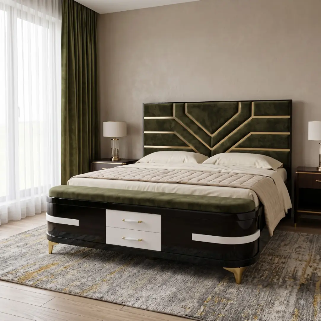 Modern Luxury King Size Bed with Geometric Gold Inlay Green Velvet Headboard, Built-in Footrest Bench & Dual Drawers (Glossy Black)