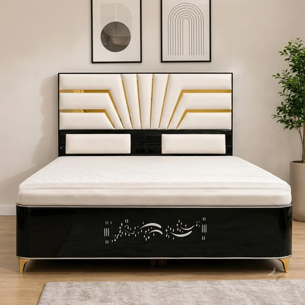 Modern Luxury Designer Bed | Black & White with Gold Accents