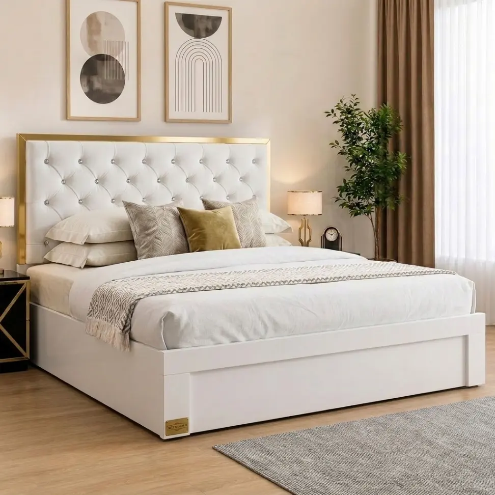 Modern Luxury White Bed with Tufted Headboard & Gold Accents