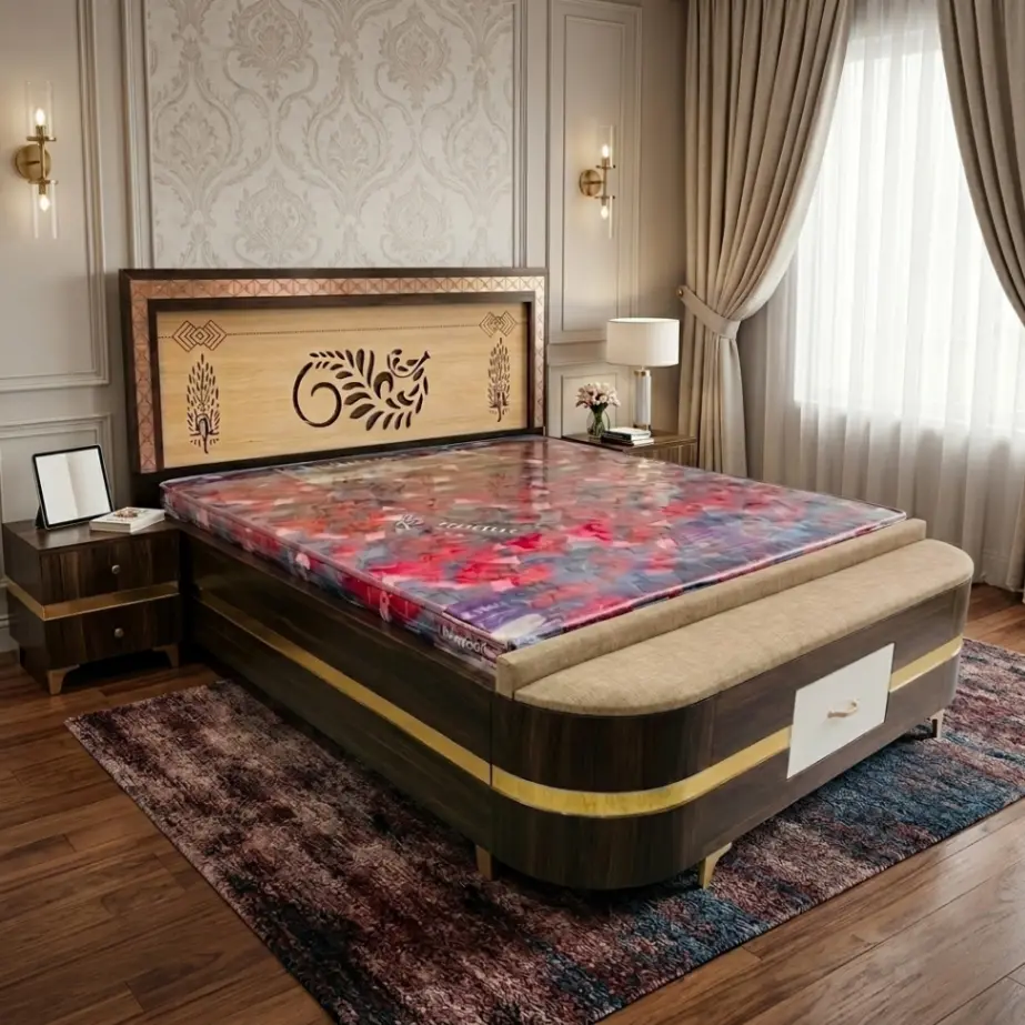 Modern Luxury Wooden Bed with Designer Headboard & Front Storage Drawer