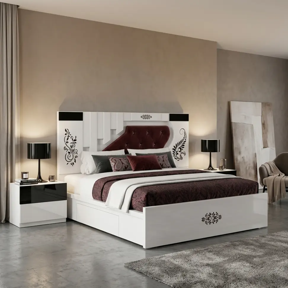 Premium Modern White Bed with Designer Headboard & LED Panel