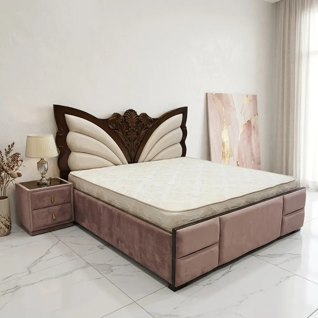 Luxury Upholstered King Size Bed with Designer Wing Headboard & Storage