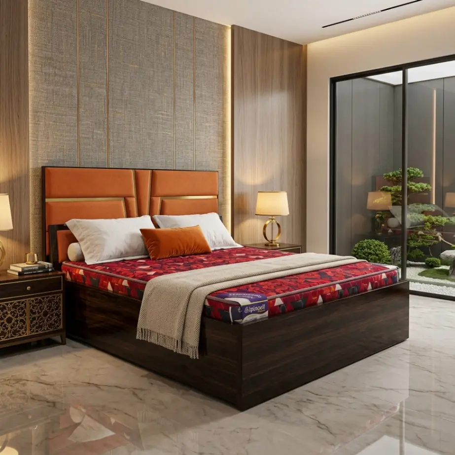 Luxury Walnut Platform Bed with Designer Cushioned Panel Headboard