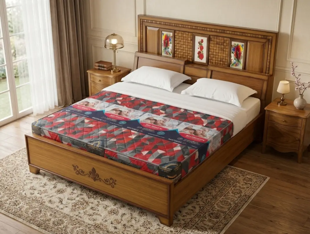 Floral Art Solid Wood Double Bed