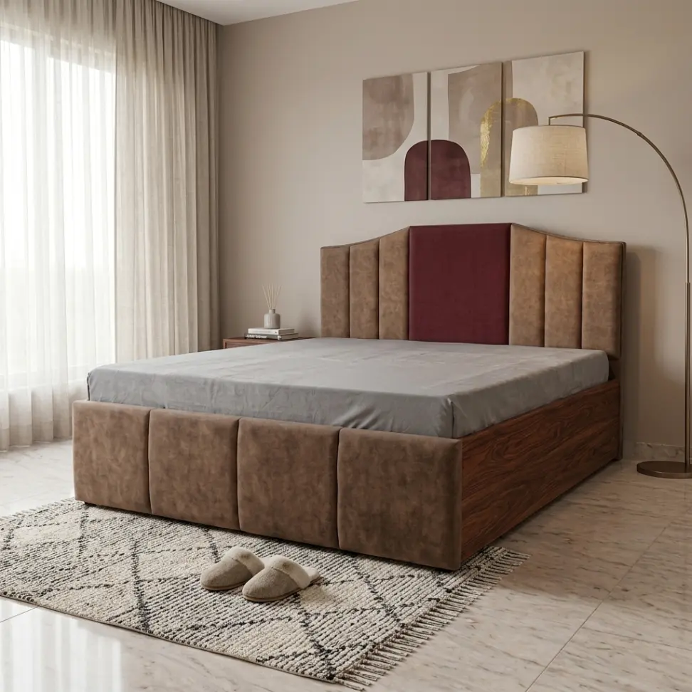 Premium Maroon Brown Cushioned Double Bed