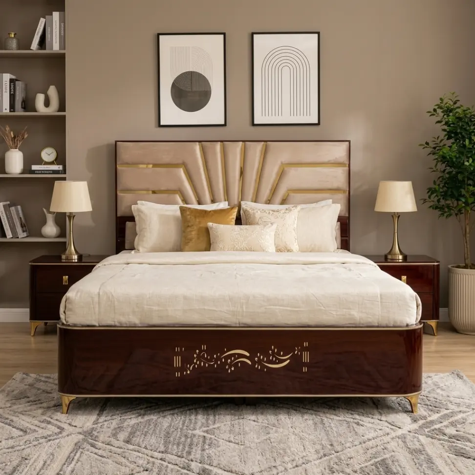 Creta Premium Wooden Bed with Gold Inlay