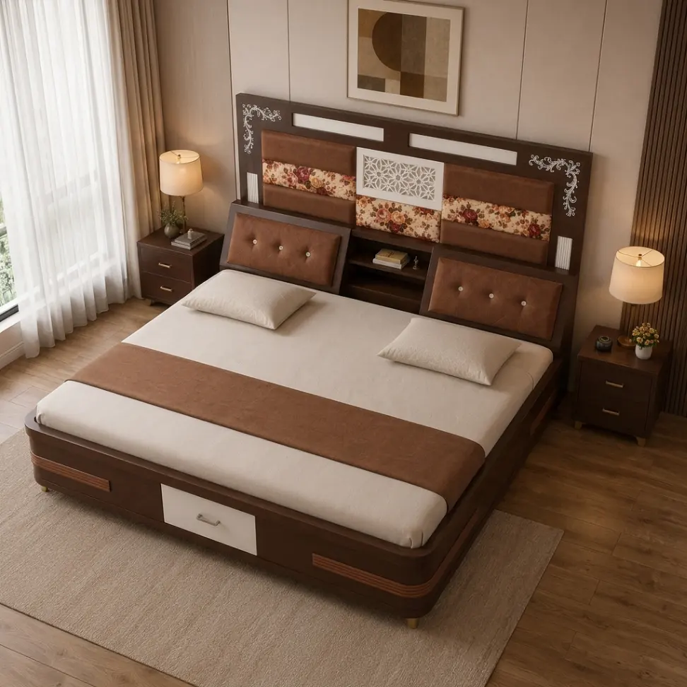 Premium Cushioned Backrest Double Drawer Bed