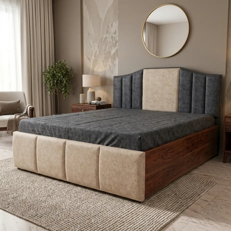 Luxury Dual-Tone Cushioned Headboard & Footboard Wooden Bed