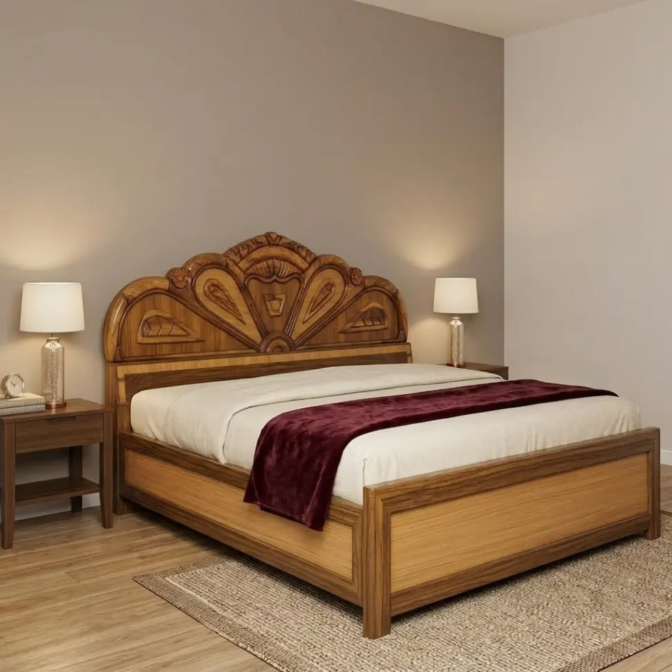Royal Sunburst Crown Carved Solid Wood Double Bed