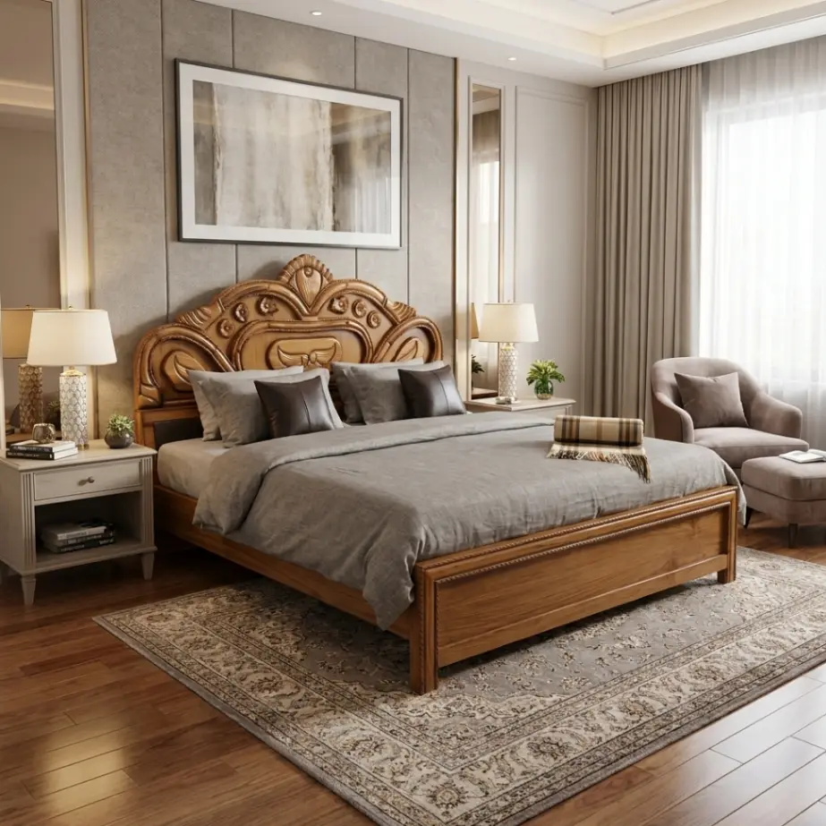Premium Solid Wood Double Bed with High-Back Carved Crown Headboard