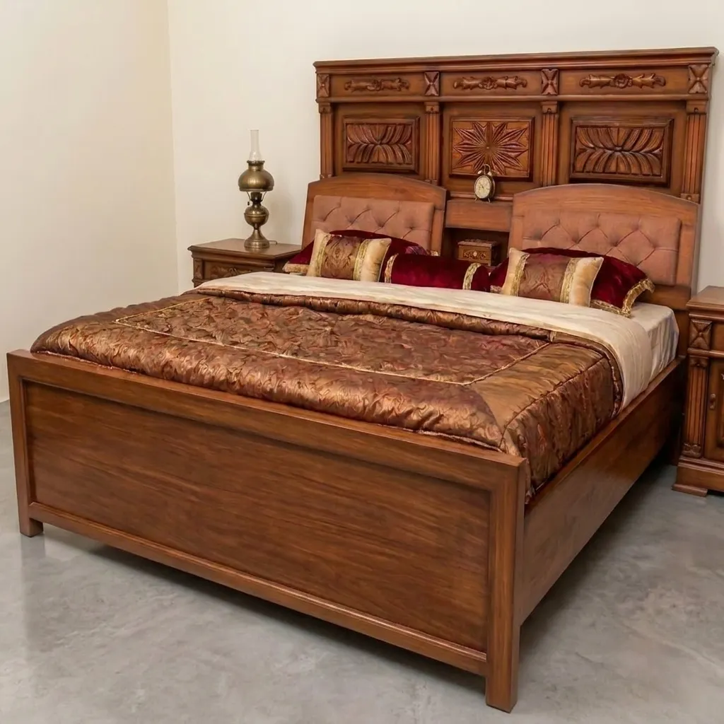 Premium Vintage Wooden Bed with Pillar Headboard
