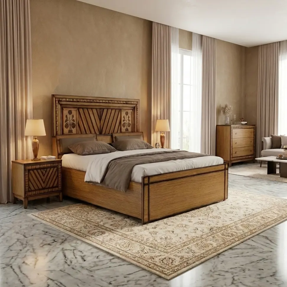 Handcrafted Solid Wood King Size Bed with Geometric Carved Headboard
