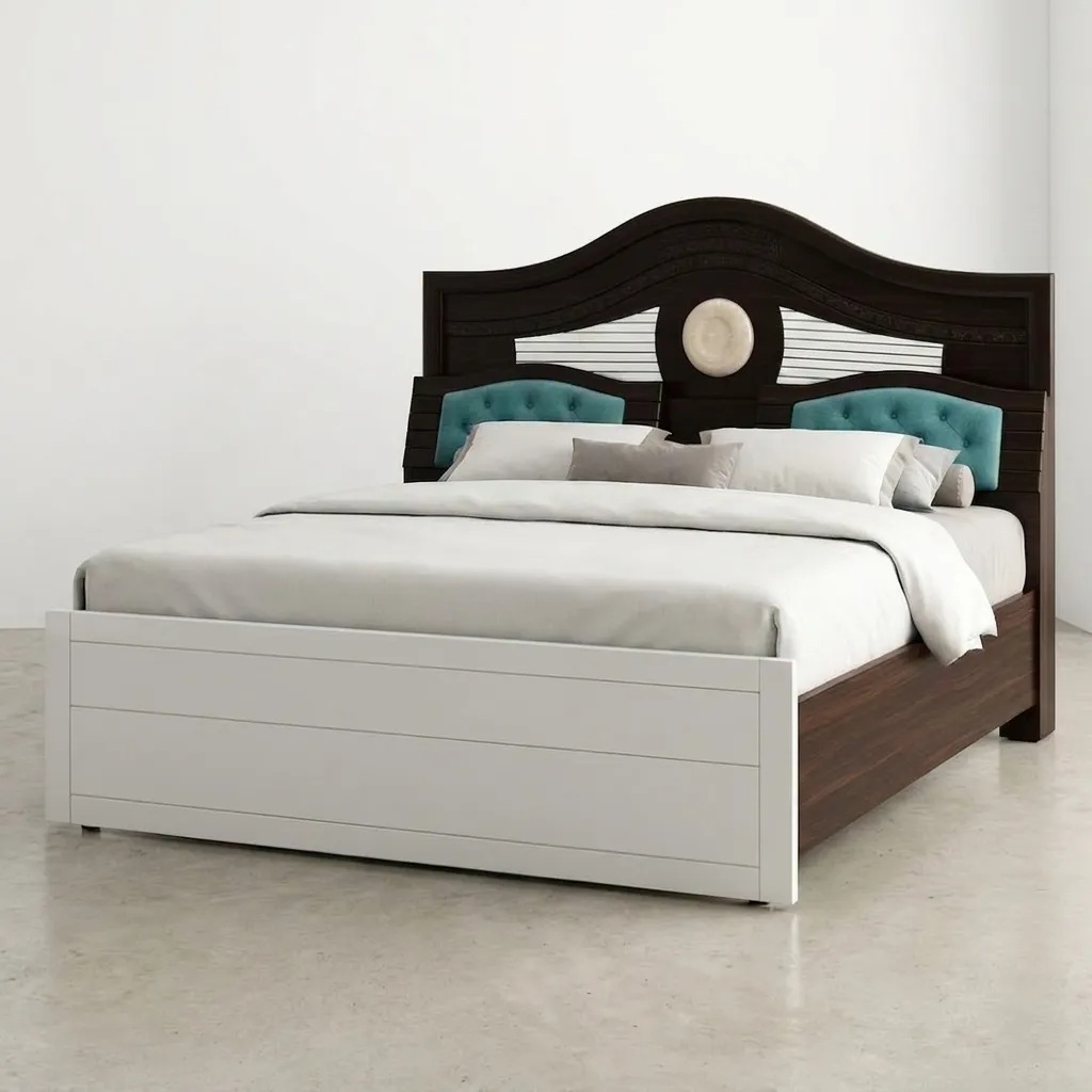 Modern Dual-Tone King Size Bed with Tufted Cushion Arched Headboard (White & Walnut Finish)
