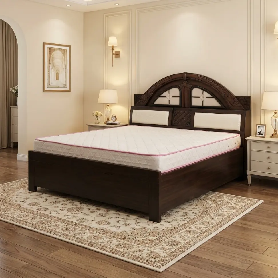 Dark Walnut Solid Wood King Size Bed with Arched Headboard & Padded Cushions