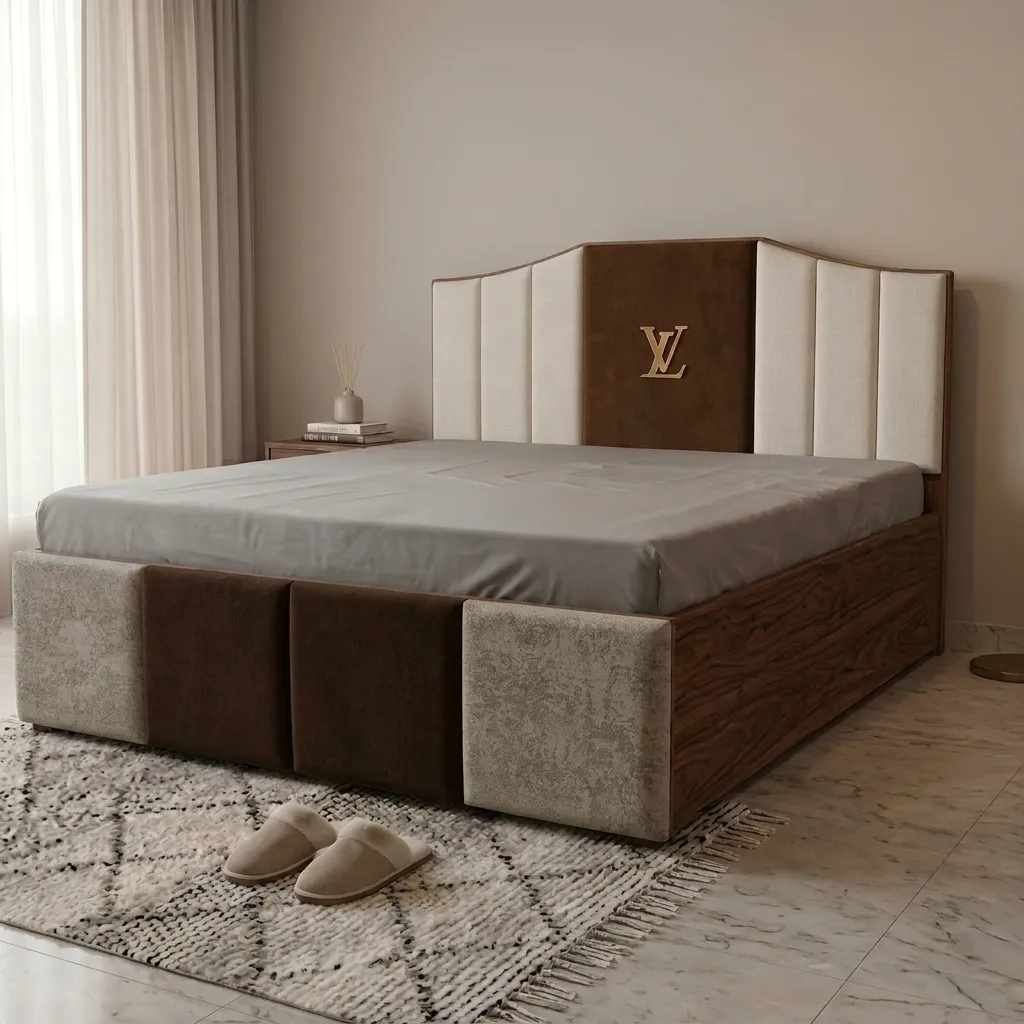 Modern Luxury King Size Bed with Channel Tufted Dual-Tone Headboard (Beige & Tan Brown)