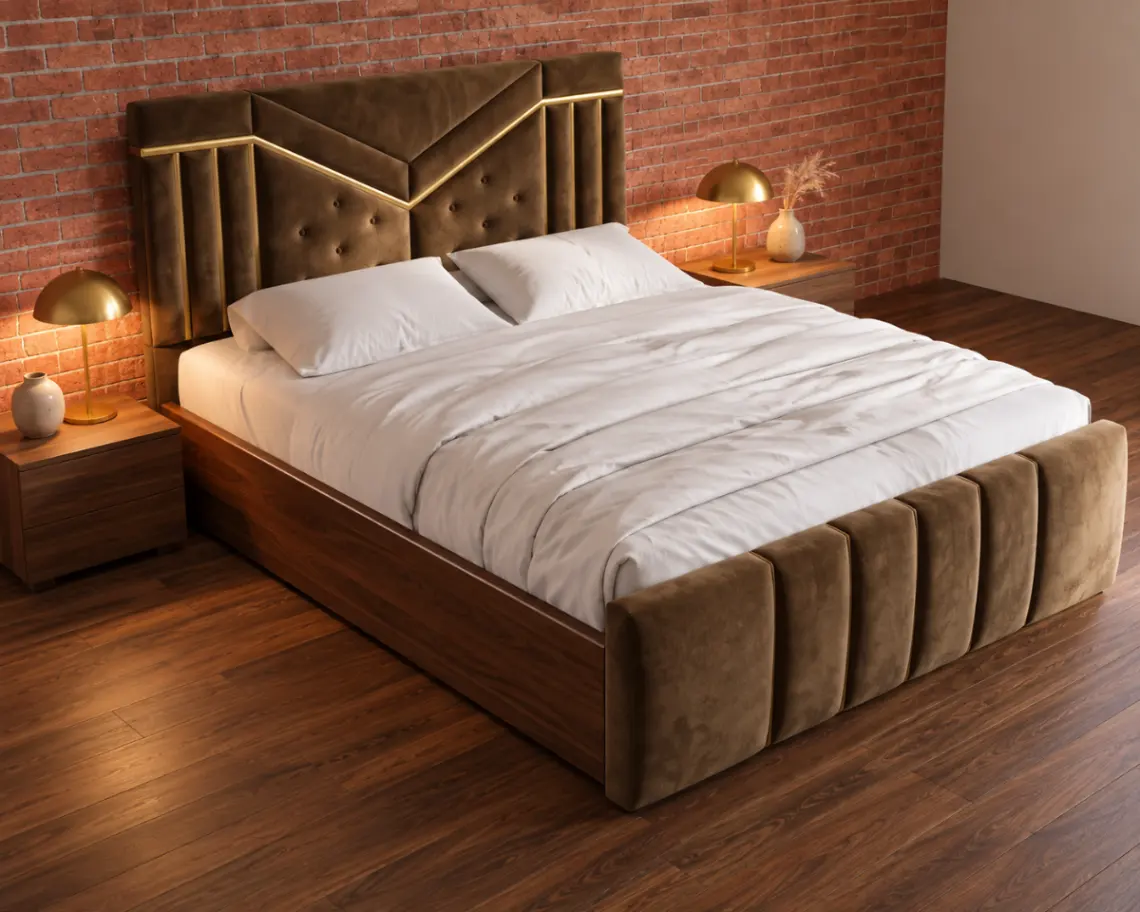 Brown Velvet Upholstered King/Queen Size Bed with Gold Inlay Geometric Headboard & Fluted Footboard
