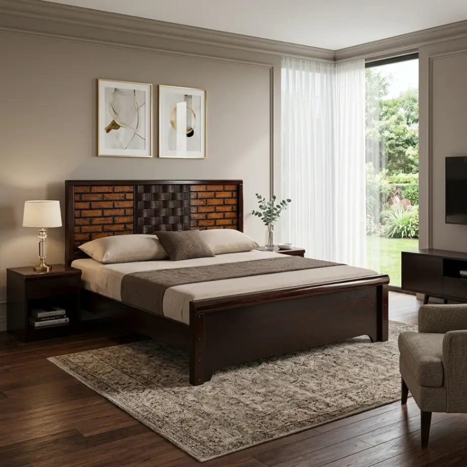 Solid Wood King/Queen Size Bed with Brick Pattern & Woven Textured Headboard in Walnut Finish