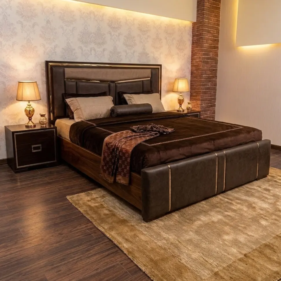 Modern Contemporary Brown Leatherette Platform Bed with Cushioned Headboard & Metallic Accents