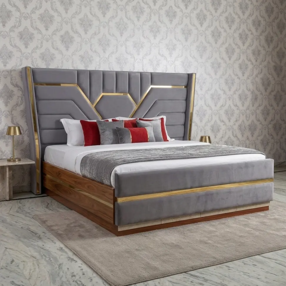 Modern Luxury High-Back Platform Bed in Grey Velvet with Hexagon Brass Trims & Padded Footboard