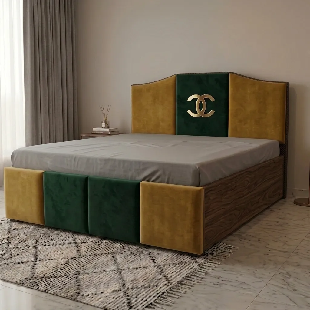 Luxury Velvet Upholstered Platform Bed with Arched Headboard, Block Footboard & Walnut Finish Rails