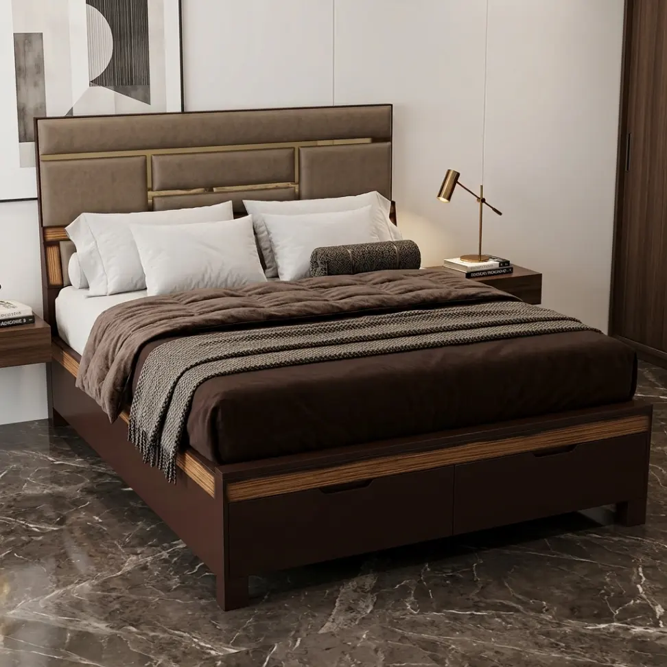 Modern Dual-Tone Wooden Platform Bed with Built-in Footboard Storage Drawers & Brass Inlay Padded Headboard