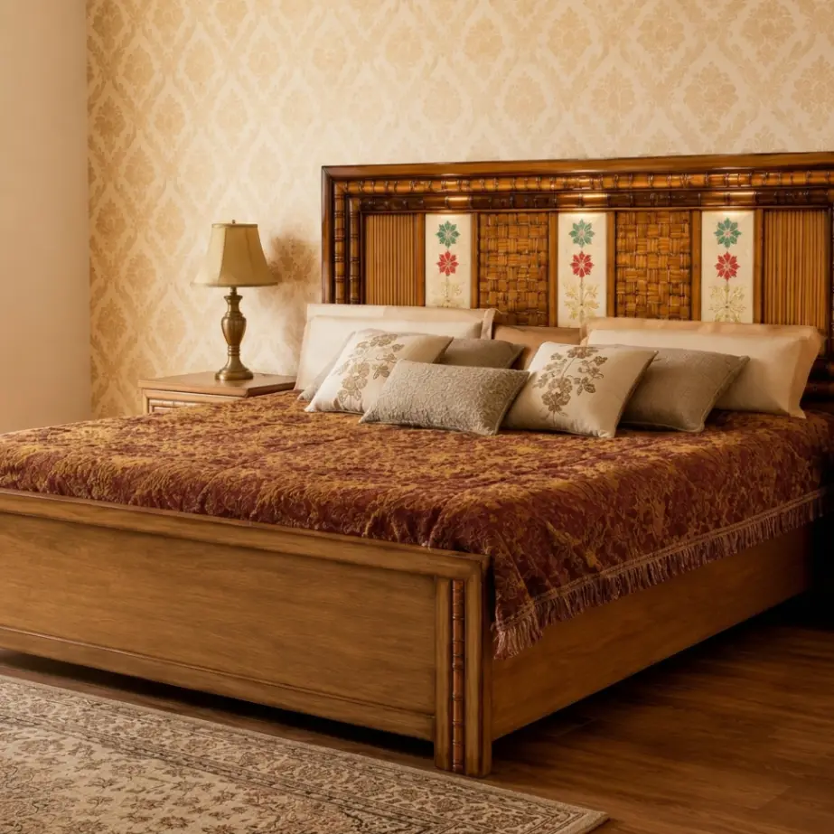 Heritage Style Solid Wooden Platform Bed with Ethnic Flower Inlays & Classic Panel Footboard