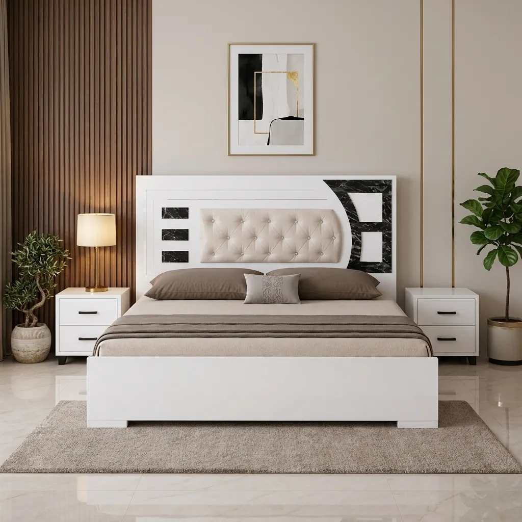 Gloss White Platform Bed Frame with Button-Tufted Upholstered Headboard & Designer Marble Inlay