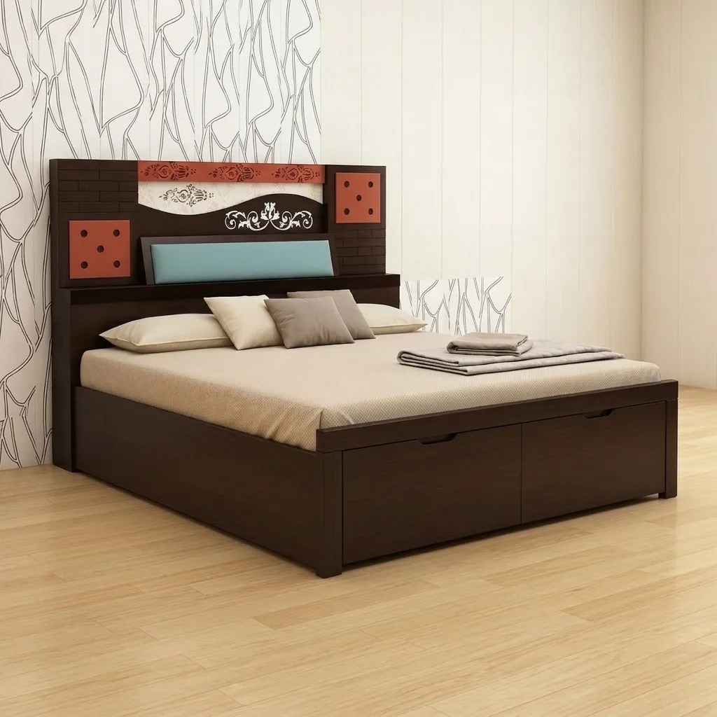 Modern Engineered Wood Double Bed with Laser-Cut Floral Accent Headboard & Built-in Footboard Storage