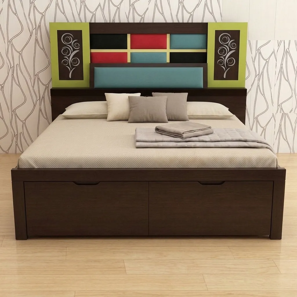 Urban Color-Block Storage Bed with Padded Headboard & Built-in Shelves (Dark Walnut)