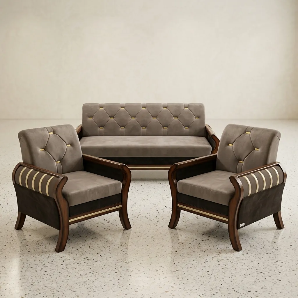 Haryana Traders Luxury 5-Seater Sofa Set (3+1+1) | Tufted Velvet Fabric with Solid Wood Curved Armrests for Living Room (Taupe / Grey-Brown)