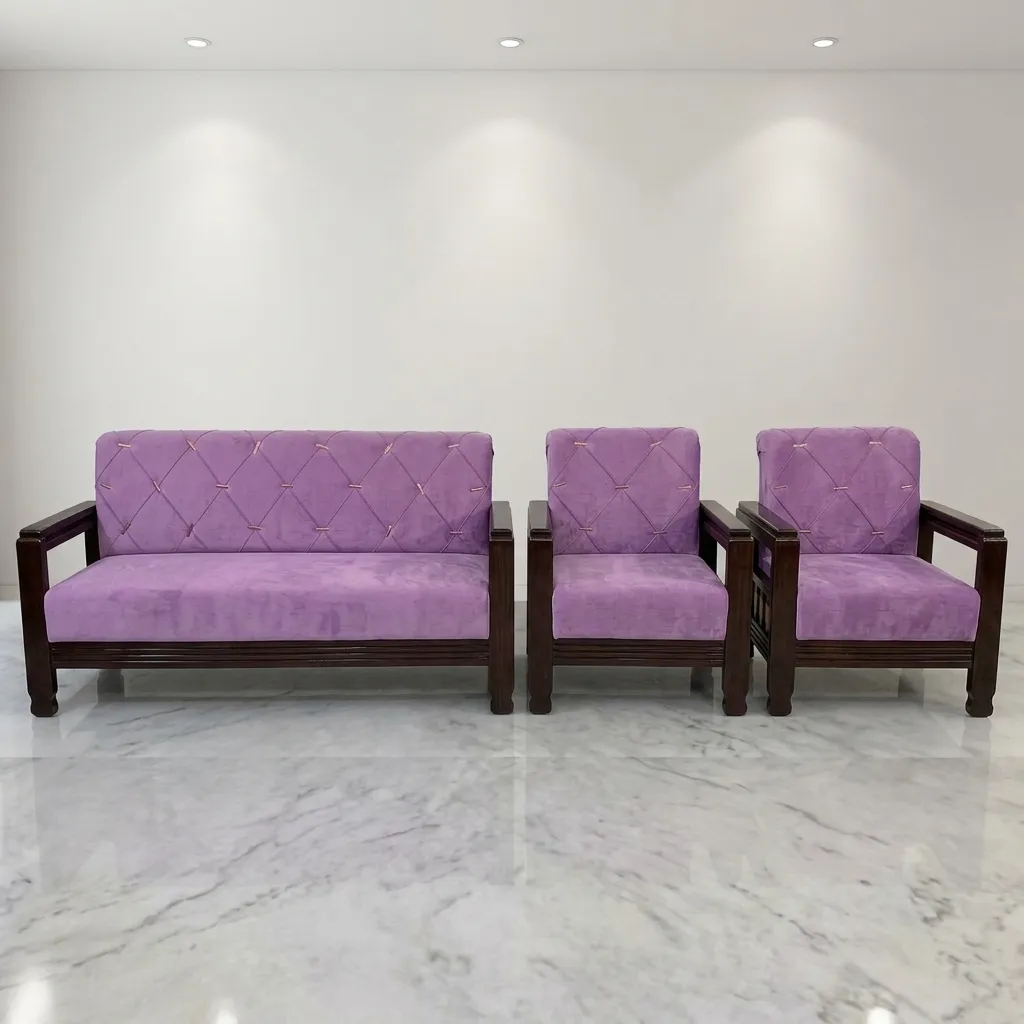 Haryana Traders Luxury 5-Seater Wooden Sofa Set (3+1+1) | Tufted Velvet Fabric with Solid Wood Slatted Armrests for Living Room (Lavender / Purple)