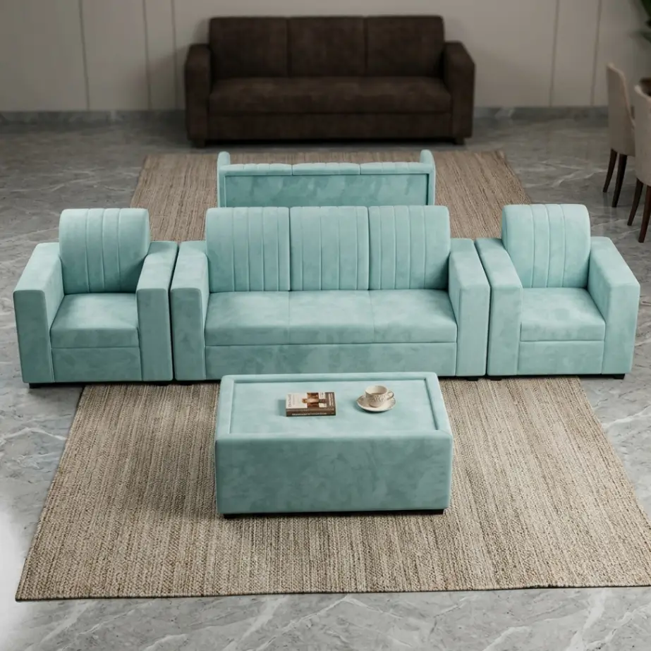 Haryana Traders Modern 5-Seater Fabric Sofa Set (3+1+1) with Padded Coffee Table | High-Density Foam Cushions for Living Room & Lounge (Aqua / Seafoam)