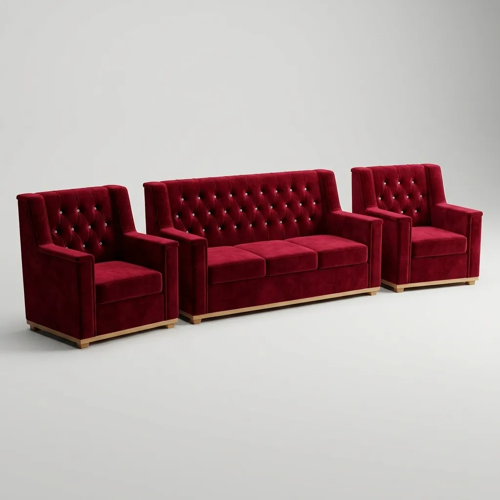 Haryana Traders Luxury 5-Seater Button-Tufted Velvet Sofa Set (3+1+1) for Living Room (Wine Red / Maroon)