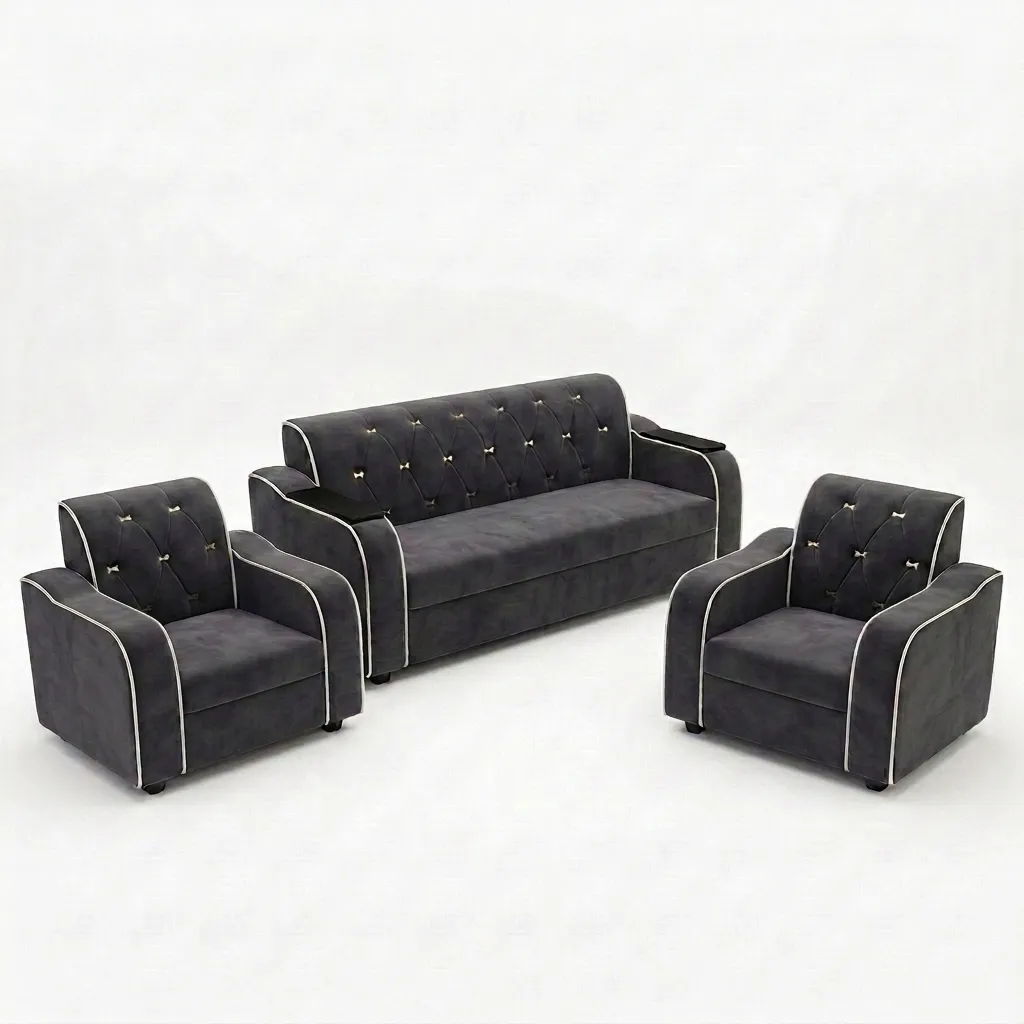 Haryana Traders Contemporary 3+1+1 Living Room Sofa Set with Curved Armrests & Suede Finish