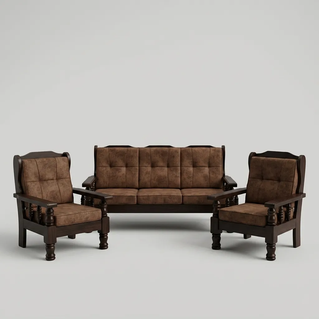 Haryana Traders Traditional 5-Seater Wooden Living Room Sofa Suite | High-Density Foam & Suede Fabric (Mocha Brown)