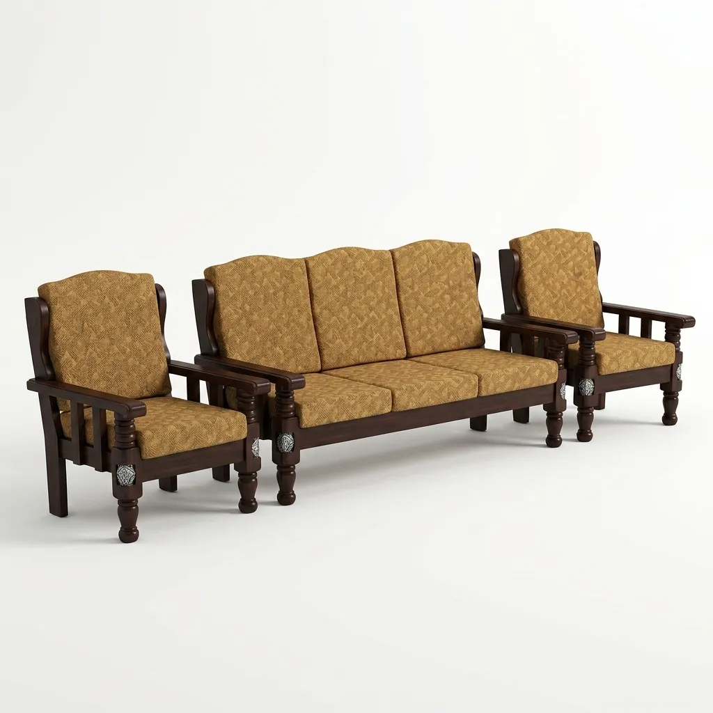 Haryana Traders Luxury 5-Seater Solid Wood Sofa Set (3+1+1) with Crown-Back Cushions for Living Room (Mustard Gold / Tan)