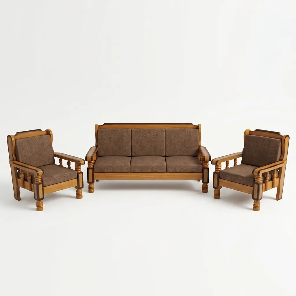 Haryana Traders Premium 5-Seater Wooden Living Room Sofa Suite | Slatted Armrest Design & Durable Fabric Upholstery