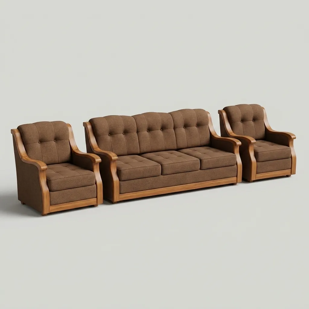 Haryana Traders Traditional 5-Seater Living Room Sofa Suite | High-Density Foam, Button Tufting & Teak Polish Accents