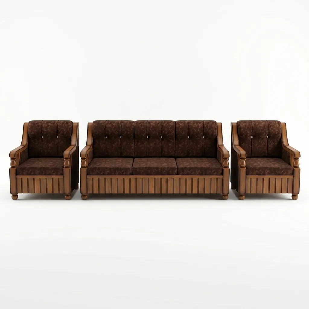 Haryana Traders Luxury 5-Seater Solid Wood Sofa Set (3+1+1) with Fluted Wooden Skirt & Tufted Cushions (Dark Brown)