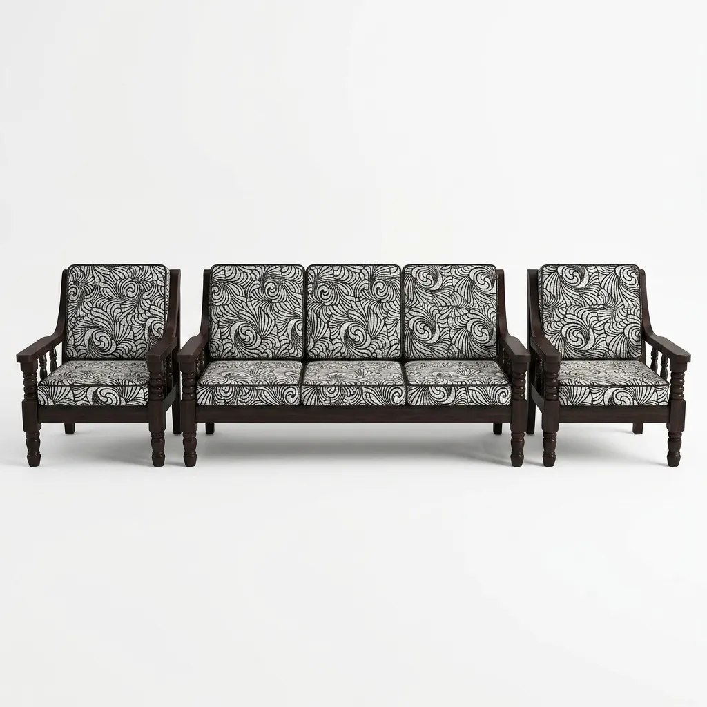 Haryana Traders Handcrafted 3+1+1 Solid Wood Sofa Set with Jacquard Printed Upholstery for Living Room & Drawing Room