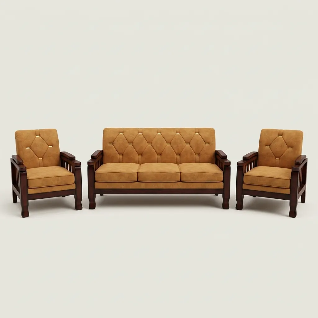 Haryana Traders Luxury 5-Seater Solid Wood Sofa Set (3+1+1) | Diamond Tufted Fabric with Slatted Armrests (Mustard Yellow / Tan)