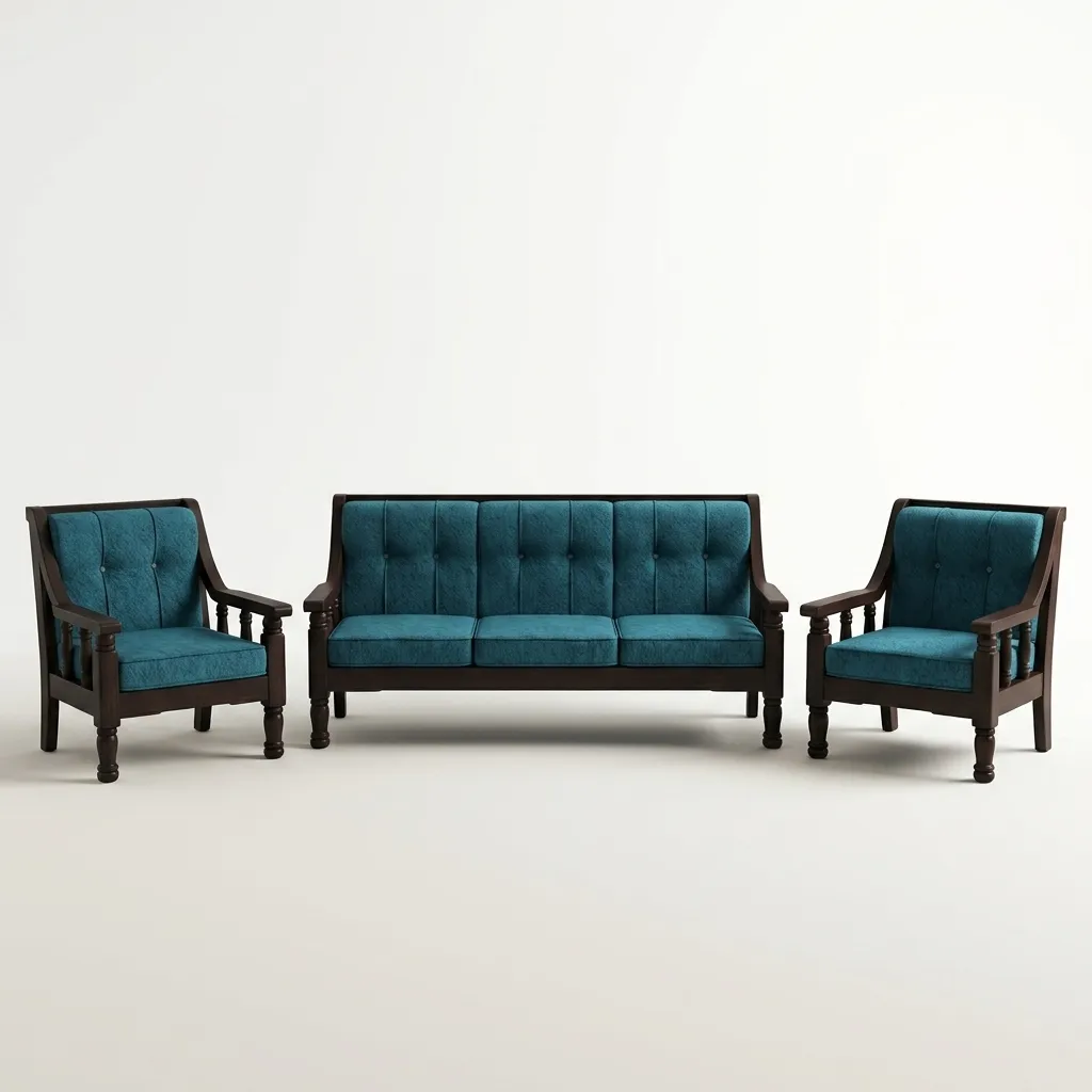 Haryana Traders Luxury 5-Seater Solid Wood Sofa Set (3+1+1) | Button-Tufted Cushions with Slatted Wooden Armrests (Teal / Peacock Blue)