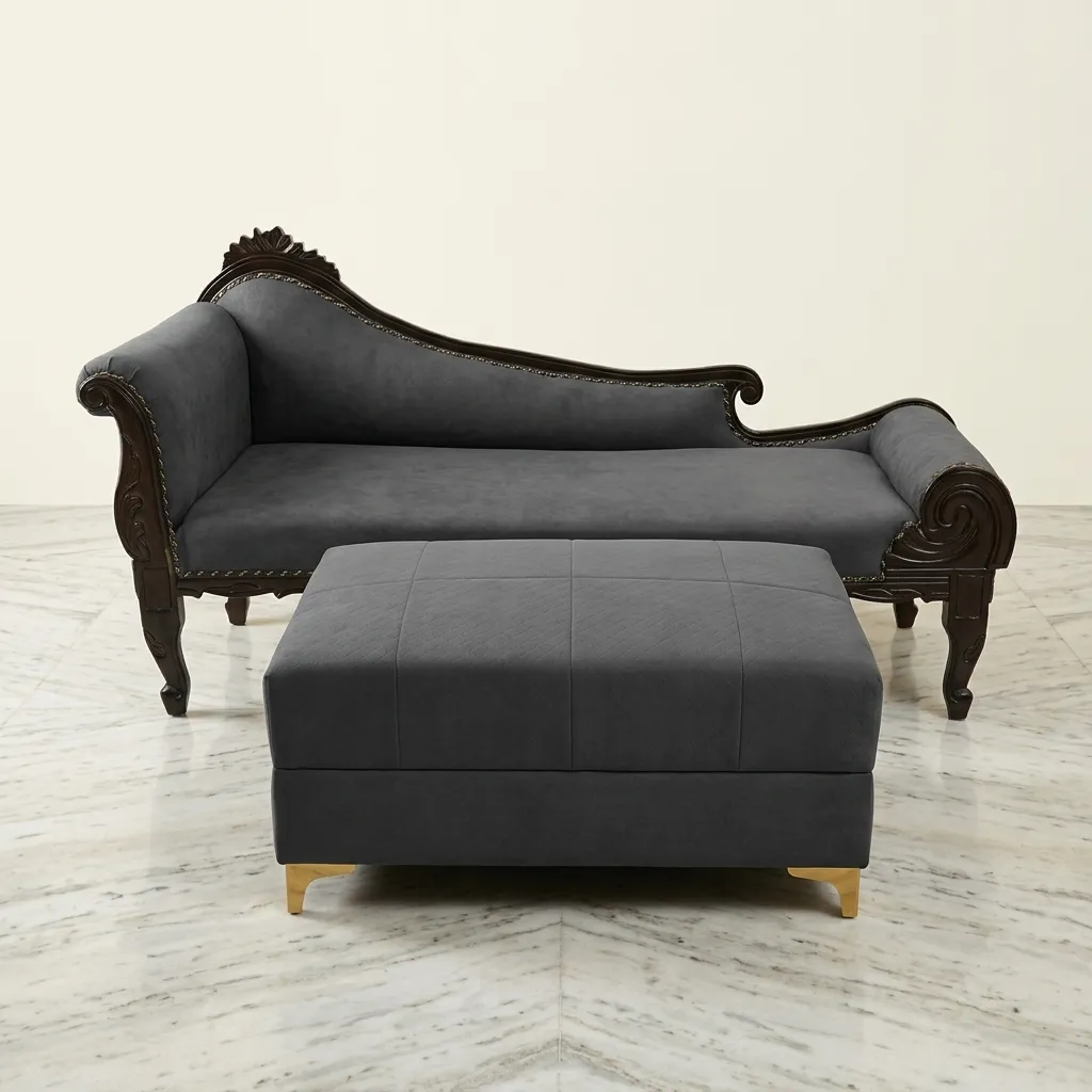 Haryana Traders Royal Wooden Settee Lounge Couch & Matching Square Puffy Bench for Living Room & Bedroom
