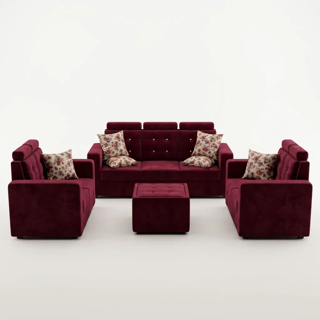 Haryana Traders Luxury 5-Seater Velvet Sofa Set (3+1+1) with Center Ottoman & Throw Pillows | Headrest Support (Maroon / Wine Red)