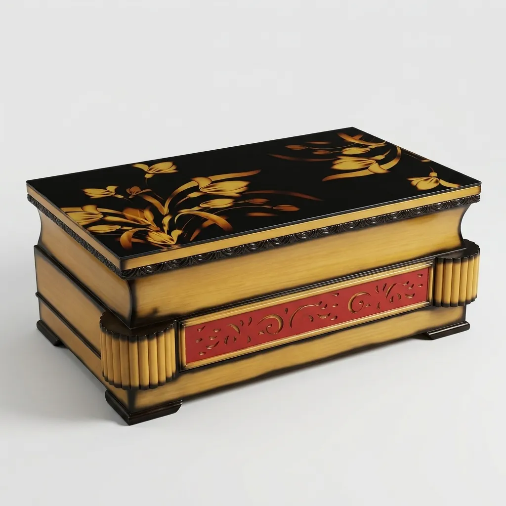 Haryana Traders – Vintage Royale Coffee Table with Fluted Corner Pillars & Crimson Filigree Accent