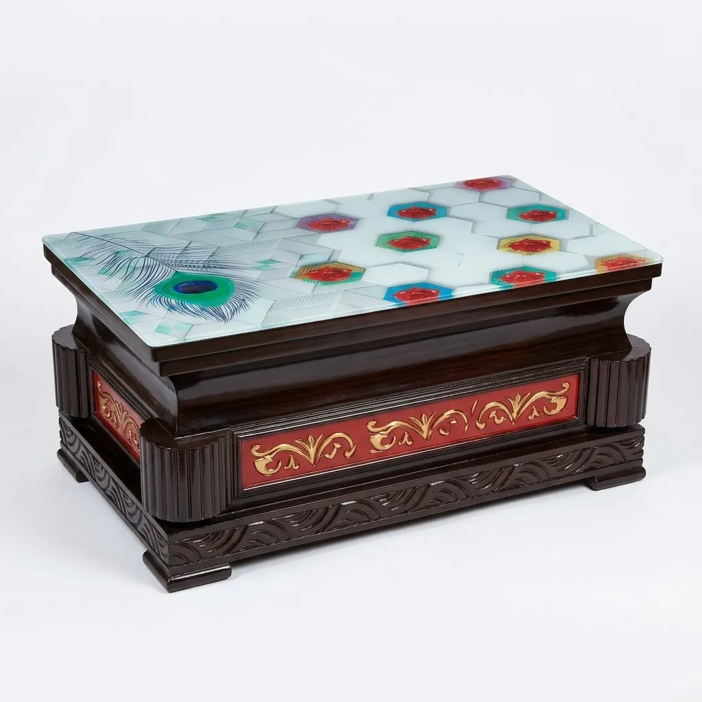 ryana Traders Luxury Handcrafted Wooden Center Table | Peacock Feather & Floral Printed Glass Top (Dark Walnut Polish)