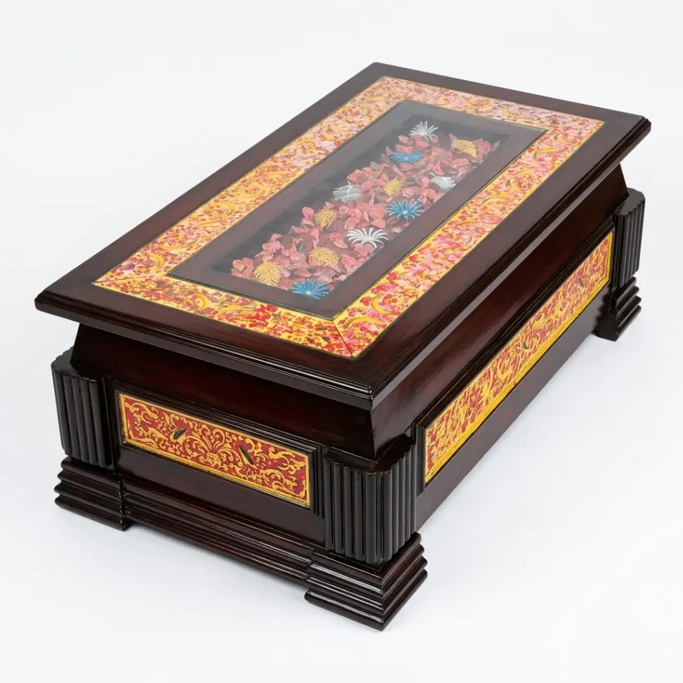 Haryana Traders Luxury Solid Wood Center Table | Glass Top with Floral Display & Gold-Red Inlay Border (Dark Walnut)
