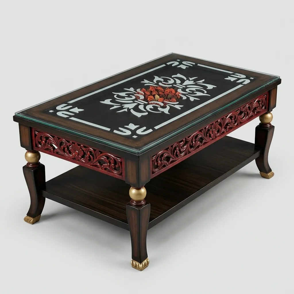 Haryana Traders Traditional 2-Tier Wooden Coffee Table for Living Room | Carved Red Filigree Skirt & Gold-Tipped Legs