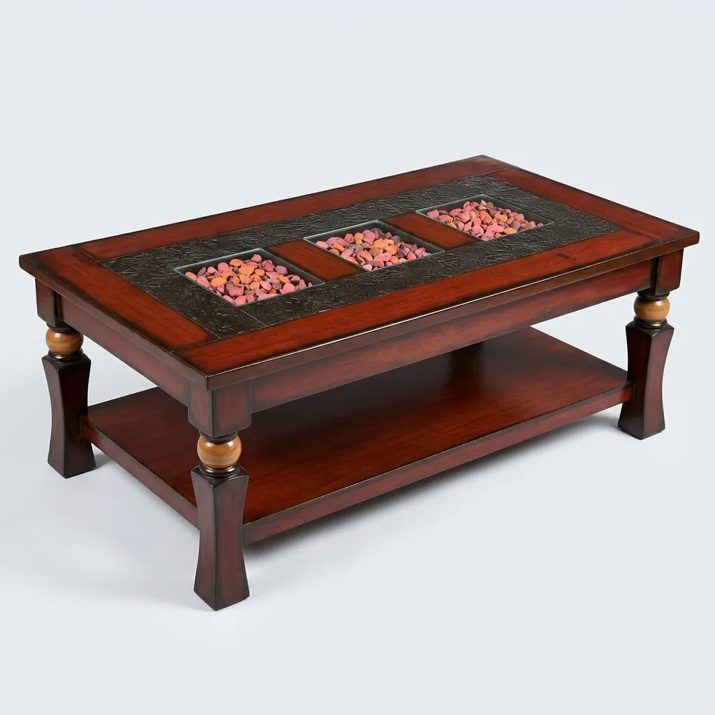 Haryana Traders Luxury Handcrafted Solid Wood Center Table | 3-Tile Floral Inlay Top with Bottom Storage Shelf (Mahogany / Teak)